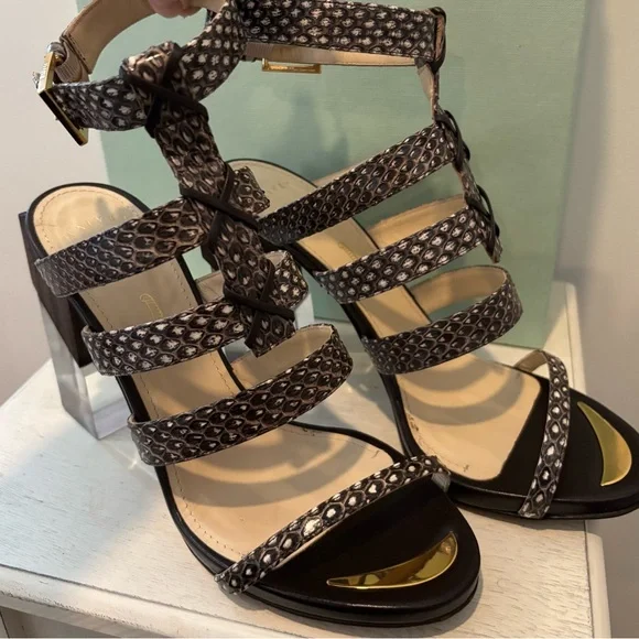 🤩 Modern VTG Maiyet of Italy Elaphe Multi Strap Black & Gold Strappy Sandal 38.5 - Picture 3 of 12